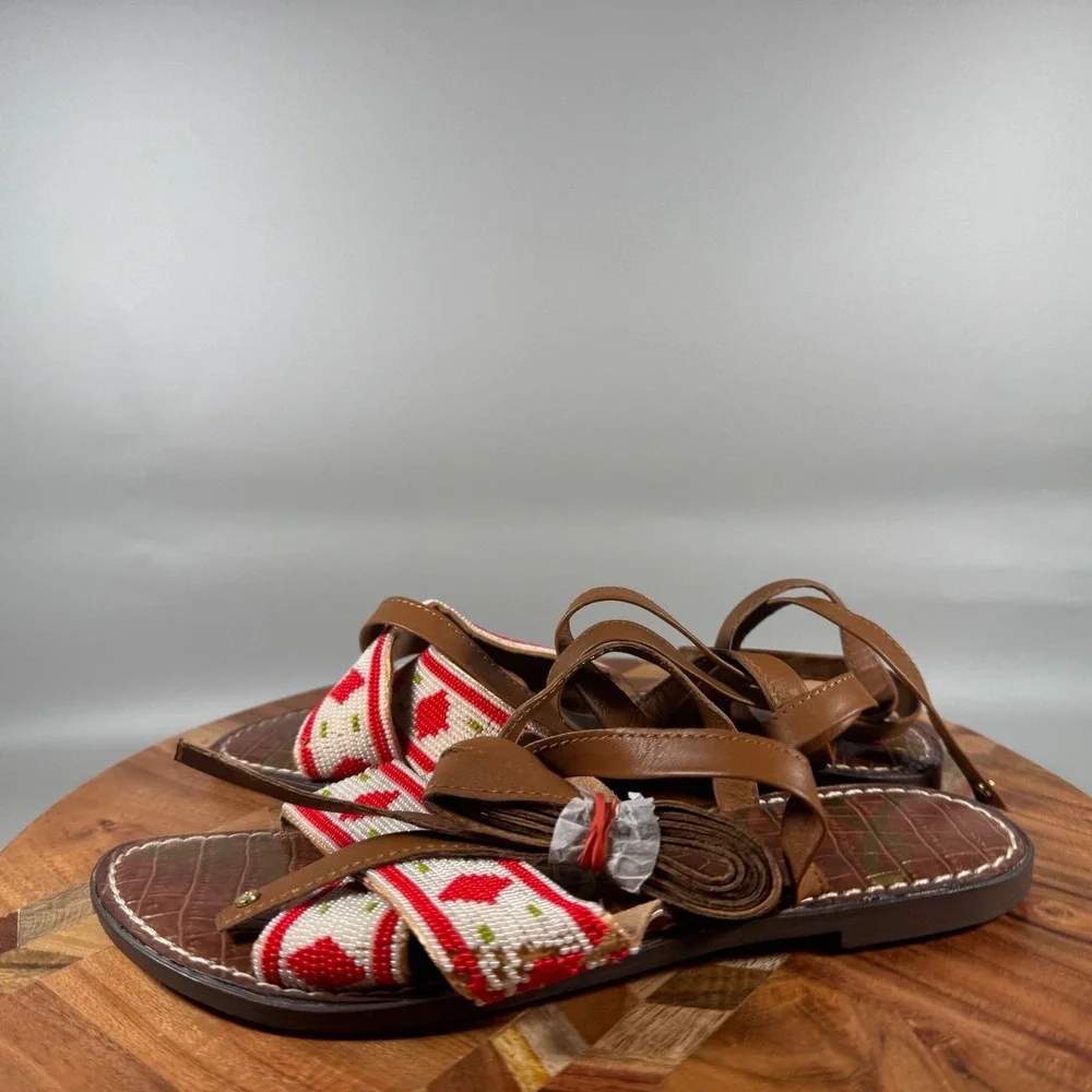 Sam Edelman Luisa Brown Red Beaded Lace Up Gladiator Sandals Womens 8M EUR‎ 38